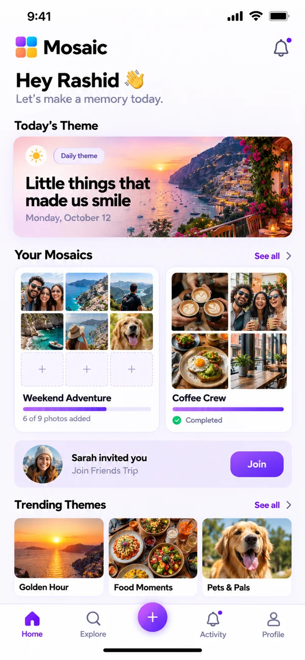 Mosaic home screen with today's theme and shared photo collages