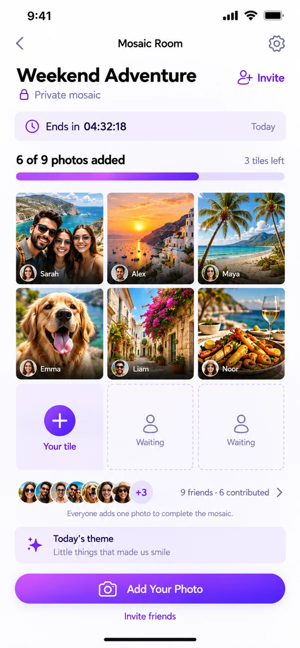 Active photo grid with contributed and empty tiles